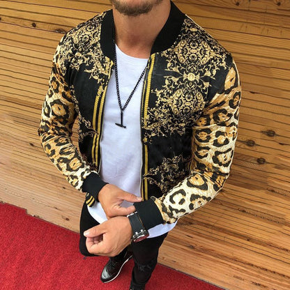Men's slim fit leopard print crew neck casual jacket