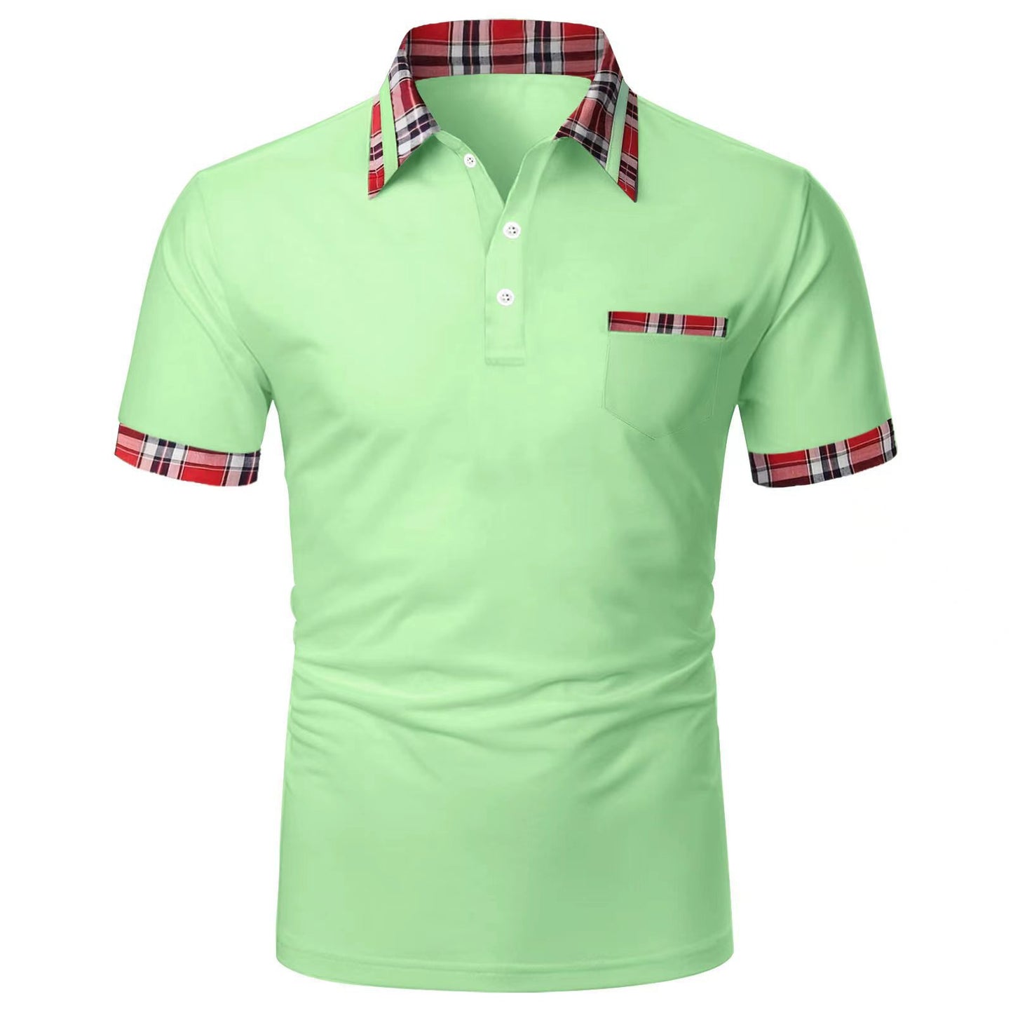 Men's short-sleeved plaid colorblock button pocket casual polo shirt