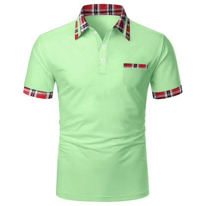 Men's short-sleeved plaid colorblock button pocket casual polo shirt