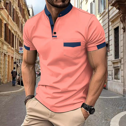 Men's sports polo shirt with colorblock henley collar and short sleeves