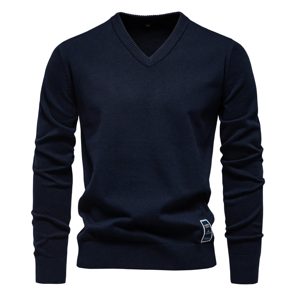 Fashion Men's V-neck cotton solid color sweater