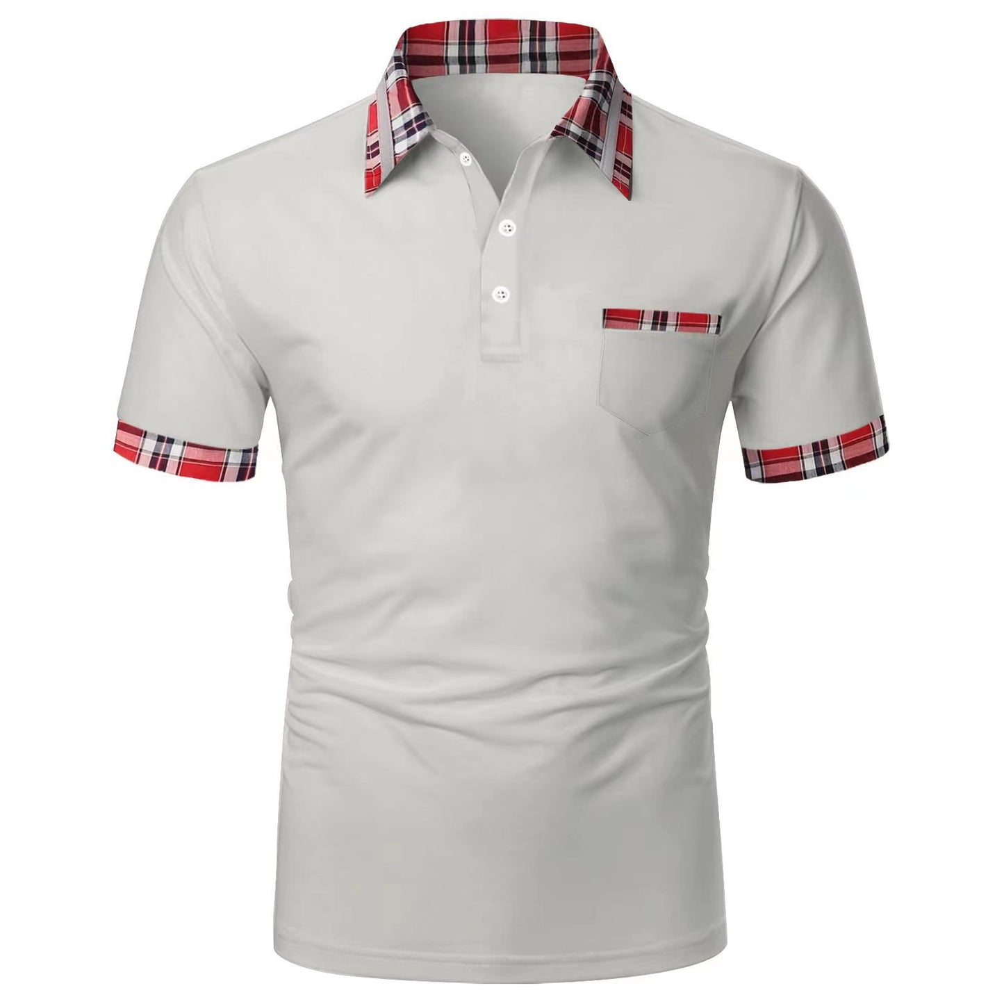 Men's short-sleeved plaid colorblock button pocket casual polo shirt