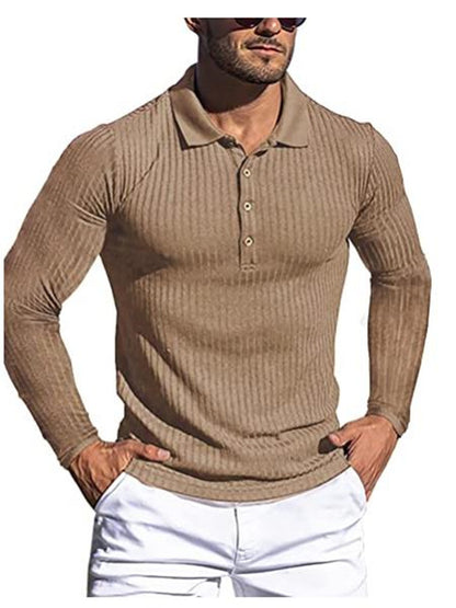 High elastic casual vertical striped long-sleeved POLO shirt slim fit knitted bottoming shirt