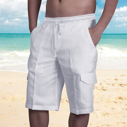 Linen Shorts Multi-Pocket Drawstring Men's Beach Solid Color Overalls
