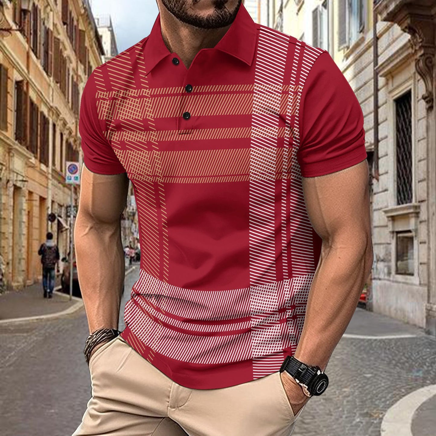 Men's sports polo shirt with printed stripes