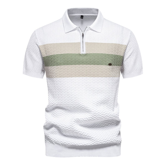 Men's Striped Business Short Sleeve Half Zip Top