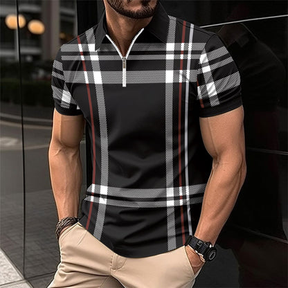 Men's printed plaid striped POLO shirt zip-up sports polo shirt