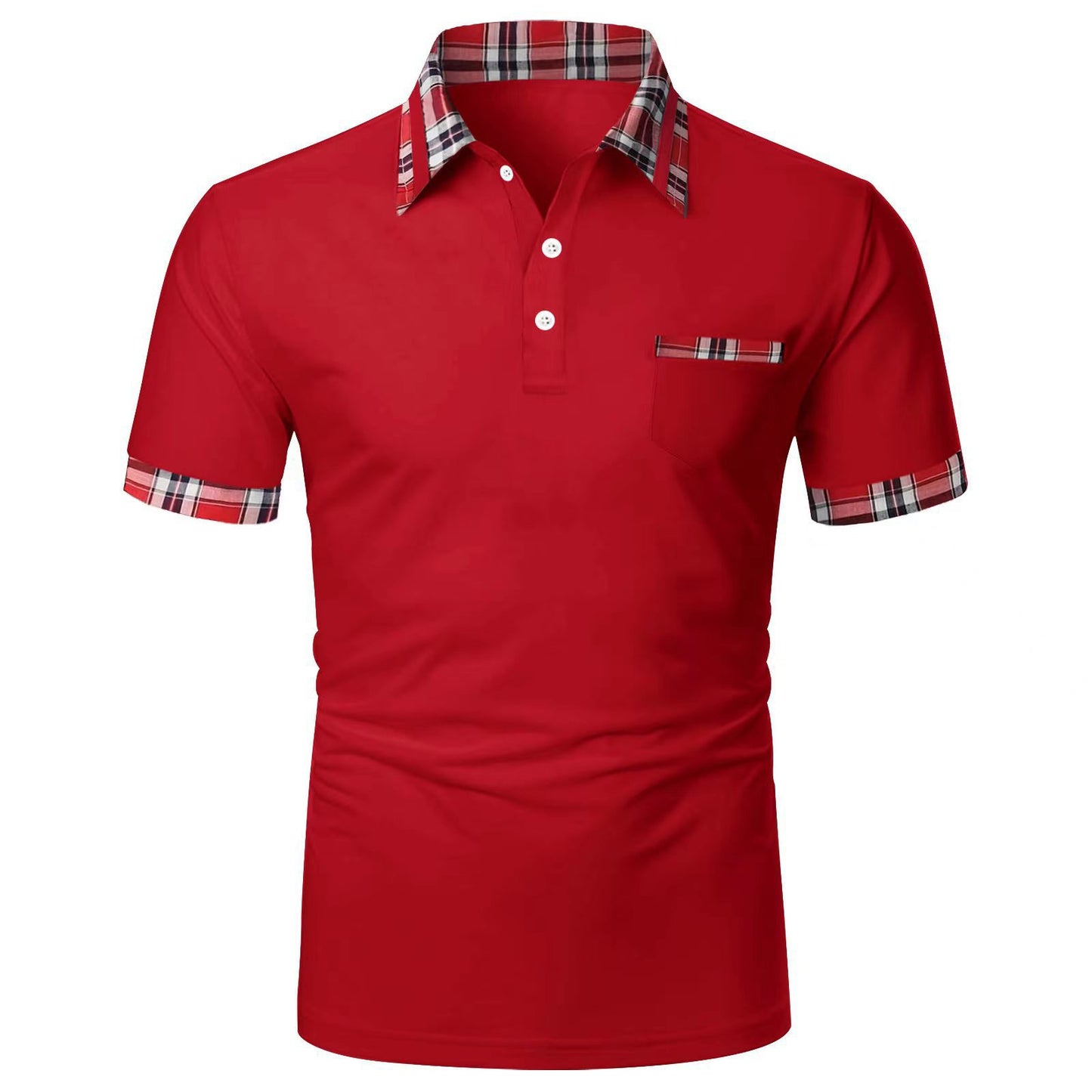 Men's short-sleeved plaid colorblock button pocket casual polo shirt