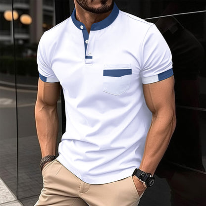Men's sports polo shirt with colorblock henley collar and short sleeves