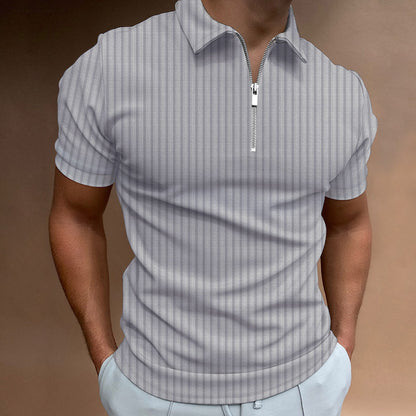 Cotton Loose Zipper Striped Men's Polo Shirt Short Sleeve T-Shirt