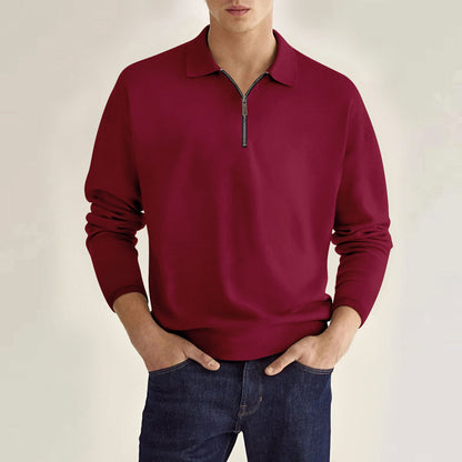 Zipper Solid Color Men's Long Sleeve Sports Polo Shirt