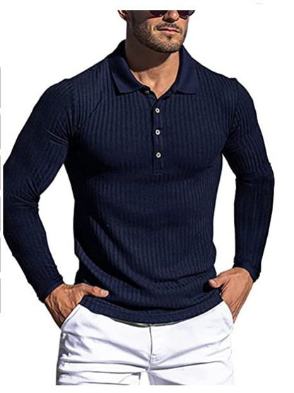 High elastic casual vertical striped long-sleeved POLO shirt slim fit knitted bottoming shirt