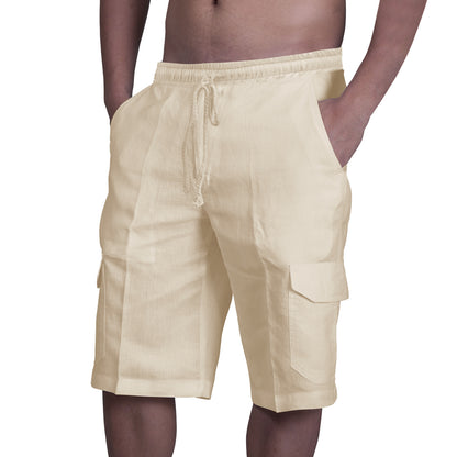 Linen Shorts Multi-Pocket Drawstring Men's Beach Solid Color Overalls