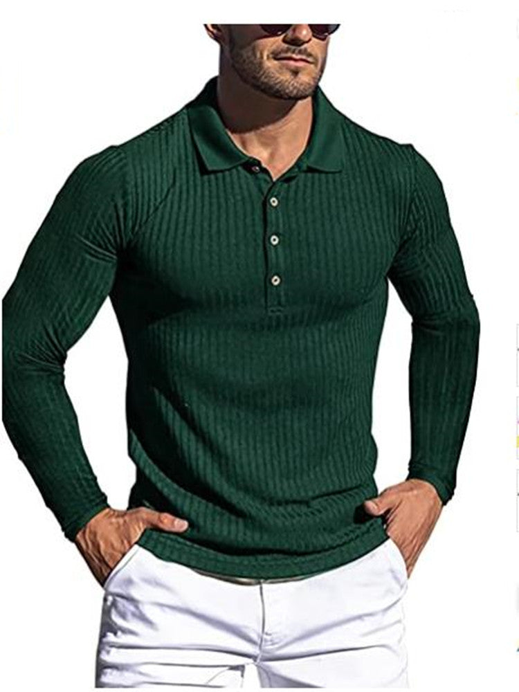 High elastic casual vertical striped long-sleeved POLO shirt slim fit knitted bottoming shirt