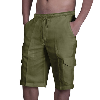 Linen Shorts Multi-Pocket Drawstring Men's Beach Solid Color Overalls