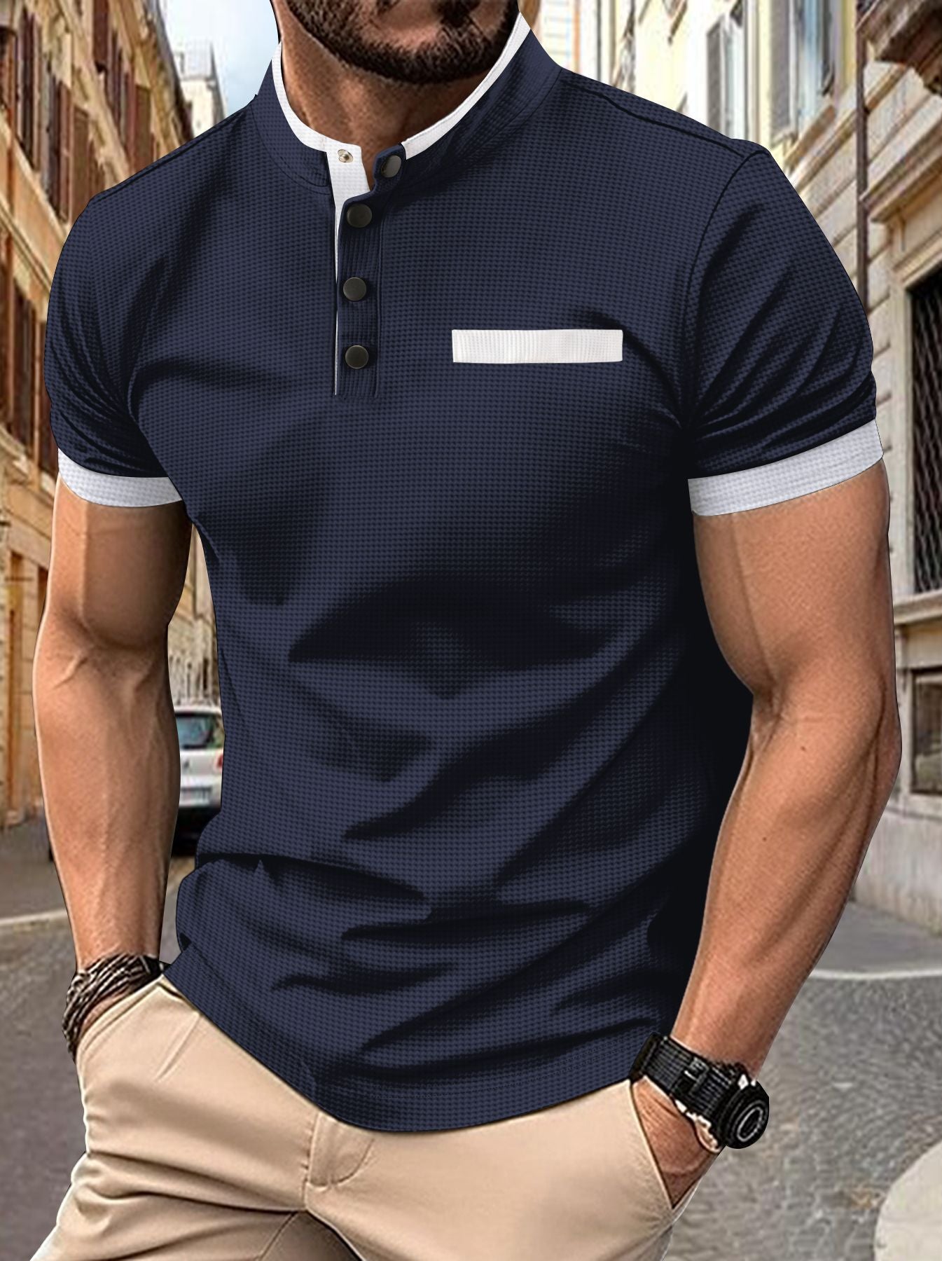 Men's Plaid Stand Collar Sports Polo Shirt