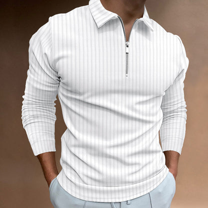 Loose Casual Zipper Striped Long Sleeve Men's Polo Shirt