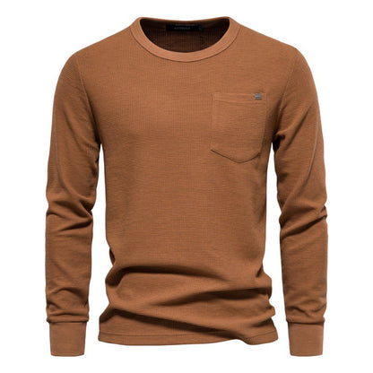 Solid Men's Crew Neck Pocket Waffle Long Sleeve T-Shirt