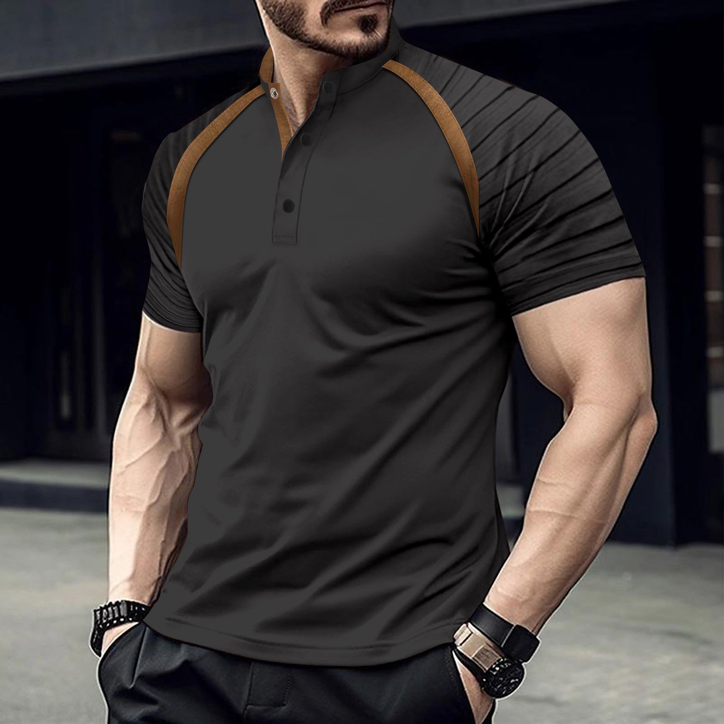 Solid color short sleeve tops with arm stripes for men's sports polo shirts
