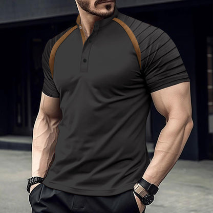 Solid color short sleeve tops with arm stripes for men's sports polo shirts