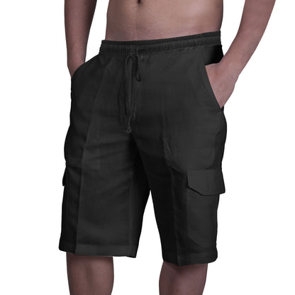 Linen Shorts Multi-Pocket Drawstring Men's Beach Solid Color Overalls