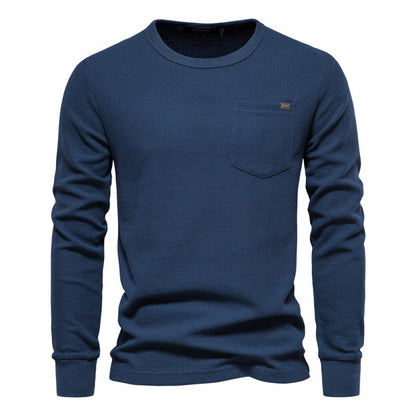 Solid Men's Crew Neck Pocket Waffle Long Sleeve T-Shirt