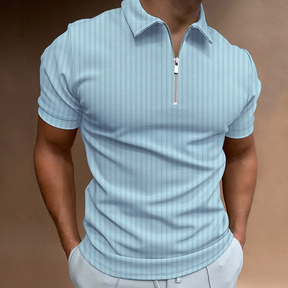 Cotton Loose Zipper Striped Men's Polo Shirt Short Sleeve T-Shirt