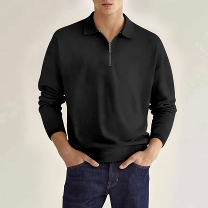 Zipper Solid Color Men's Long Sleeve Sports Polo Shirt